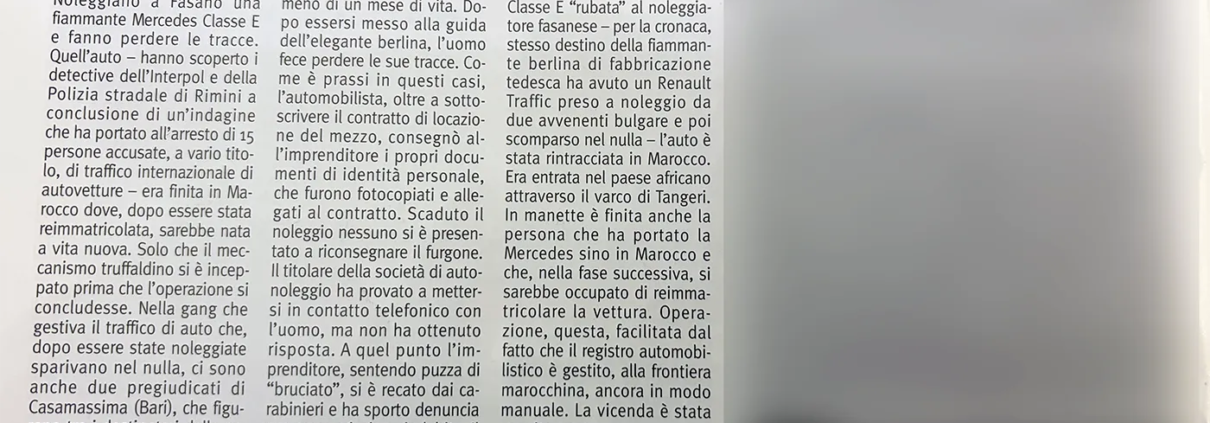 Articolo sul traffico internazionale di veicoli e il recupero di un'auto a noleggio in Marocco.