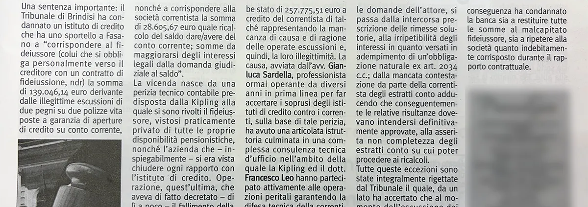 Sentenza del Tribunale di Brindisi che condanna la banca a restituire 140mila euro a un fideiussore.