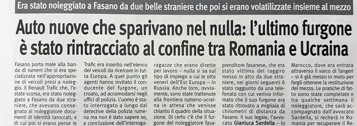 Ritaglio di giornale sul ritrovamento in Romania di un furgone rubato a un autonoleggio fasanese.
