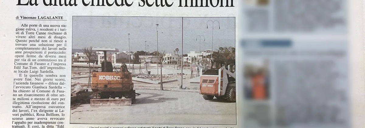 Notizia sulla revoca illegittima dell'appalto del Comune di Fasano e la richiesta di risarcimento dell'impresa edile.