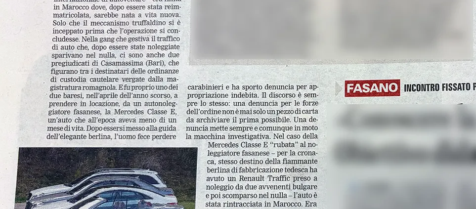 Notizia dell'operazione Interpol contro la gang che rubava auto di lusso a Fasano per esportarle all'estero.